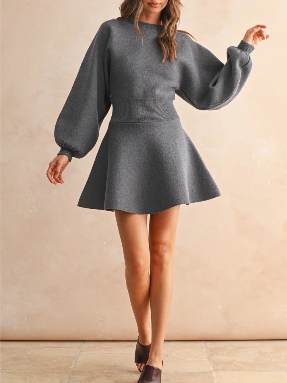 Dusty Blue Mini Sweater Dress with Balloon Sleeves